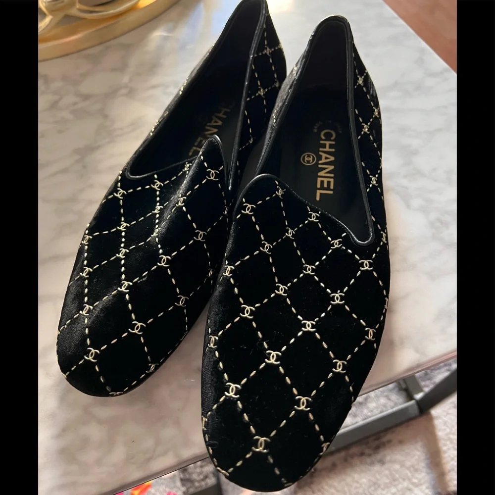 Chanel monogram black and silver loafers like new! - Picture 1 of 4